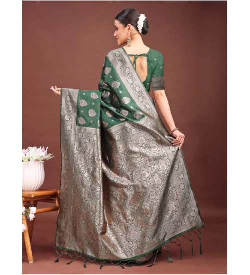 Women's Banarasi Silk Printed Saree With Unstitched Blouse 5.5Mtr (Dark Green)