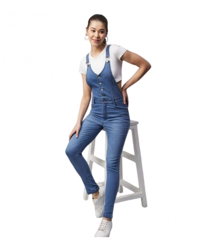 Women's Denim Lycra Solid Buttoned Dungaree (Ice Blue)