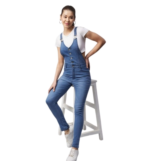 Women's Denim Lycra Solid Buttoned Dungaree (Ice Blue)