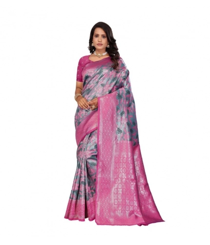 Women's Banarasi Silk Jaquard Woven Saree With Unstitched Blouse 5.5Mtr (Pink)