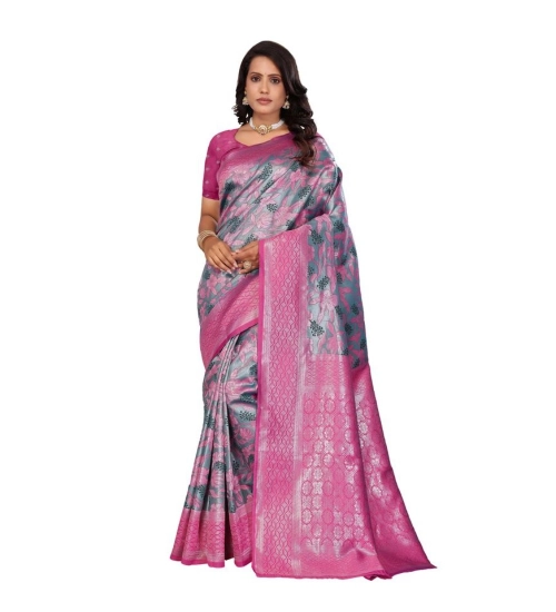 Women's Banarasi Silk Jaquard Woven Saree With Unstitched Blouse 5.5Mtr (Pink)