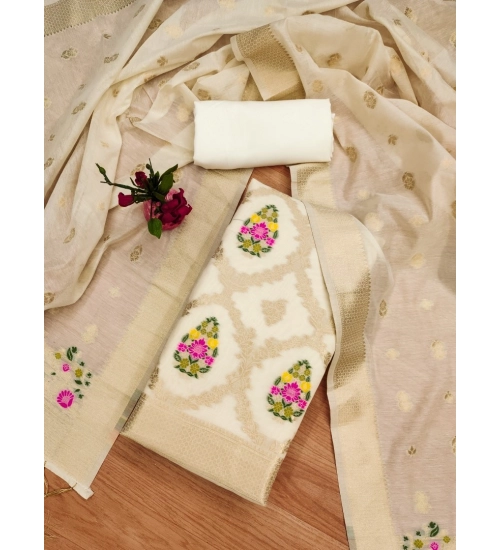 Women's Banarasi Silk Printed Unstitched Salwar Suit Material With Dupatta (White, 3Mtrs)