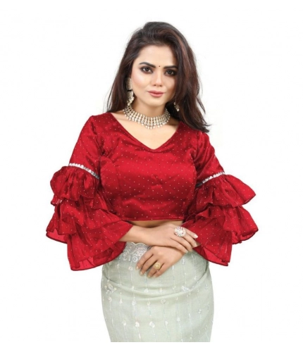 Women's Organza Solid V Neck Layered Ruffle Sleeve Readymade Blouse (Red Free Size , up to 38–40 Bust)-PID65858