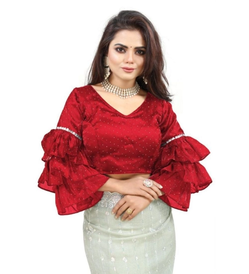 Women's Organza Solid V Neck Layered Ruffle Sleeve Readymade Blouse (Red Free Size , up to 38–40 Bust)-PID65858 Women's Organza Solid V Neck Layered Ruffle Sleeve Readymade Blouse (Red Free Size , up to 38–40 Bust)-PID65858