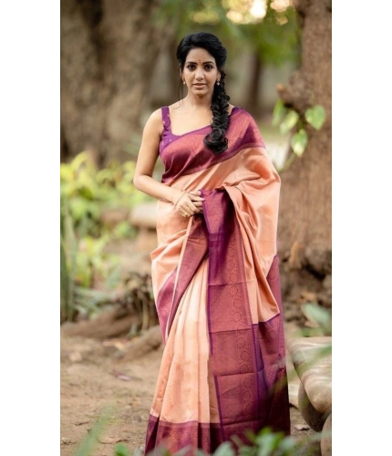 Women's Litchi silk Printed Saree With Unstitched Blouse (Beige)