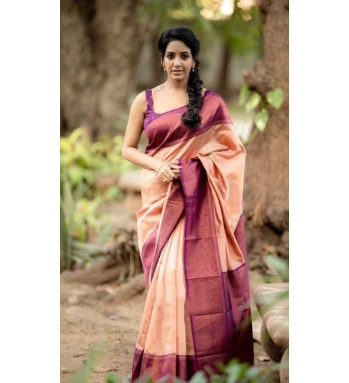 Women's Litchi silk Printed Saree With Unstitched Blouse (Beige)