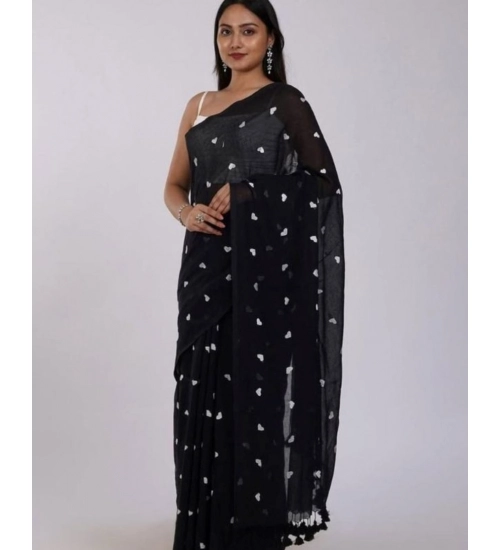 Women's Linen Printed Saree With Unstitched Blouse 5.5Mtr (Black)