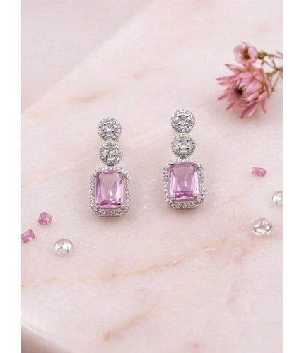 Women's Brass Silver Plated Drop Earrings (Pink)