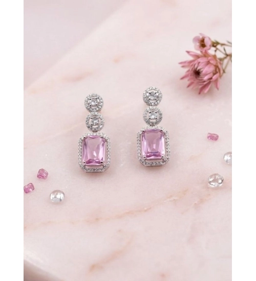 Women's Brass Silver Plated Drop Earrings (Pink)