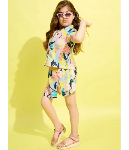 Girl's Polyester Cotton Blend Pattern-Floral Short Sleeves Skorts Set (Blue-Multicolor)