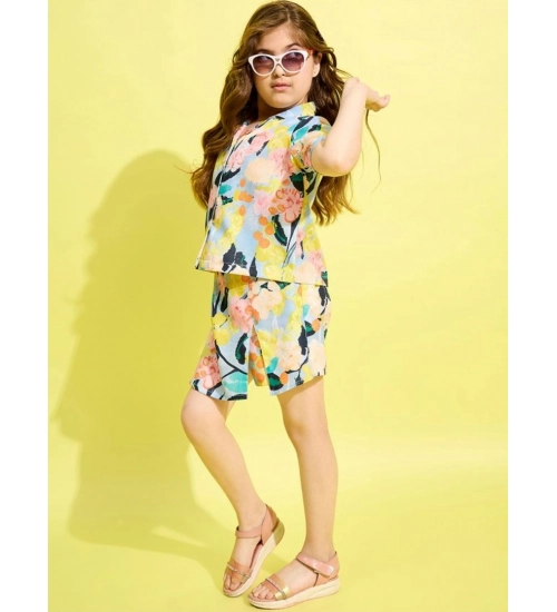 Girl's Polyester Cotton Blend Pattern-Floral Short Sleeves Skorts Set (Blue-Multicolor)