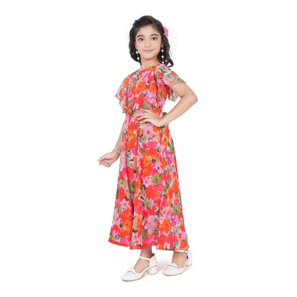 Girl's Shiffon Printed Short Sleeve Round Neck Dress (Multicolor)