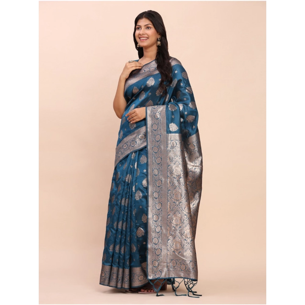 Women's Banarasi Silk Printed Saree With Unstitched Blouse 5.5Mtr (Teal Blue) Women's Banarasi Silk Printed Saree With Unstitched Blouse 5.5Mtr (Teal Blue)