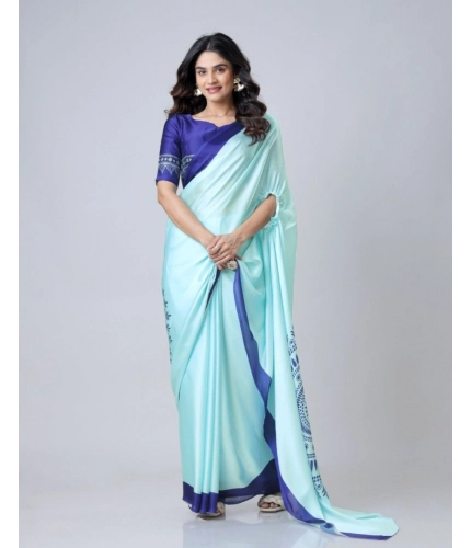 Women's Soft Crepe Silk Printed Ready To Wear Saree With Unstitched Blouse 5.5Mtr (Turquoise)