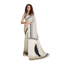 Women's Satin Crepe Printed Saree With Unstitched Blouse 5.5Mtr (White)