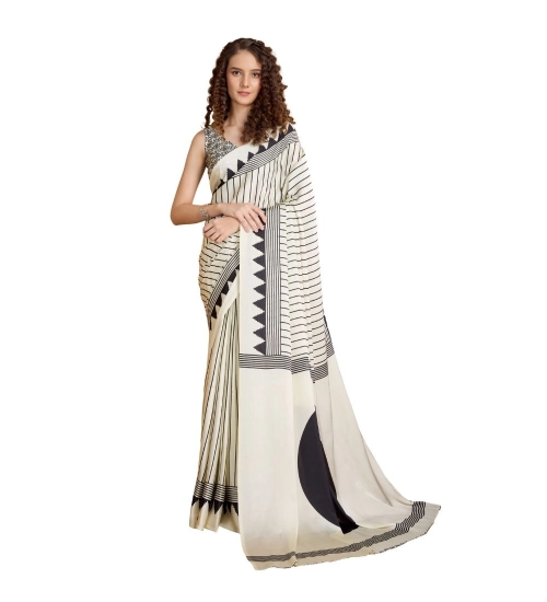 Women's Satin Crepe Printed Saree With Unstitched Blouse 5.5Mtr (White)