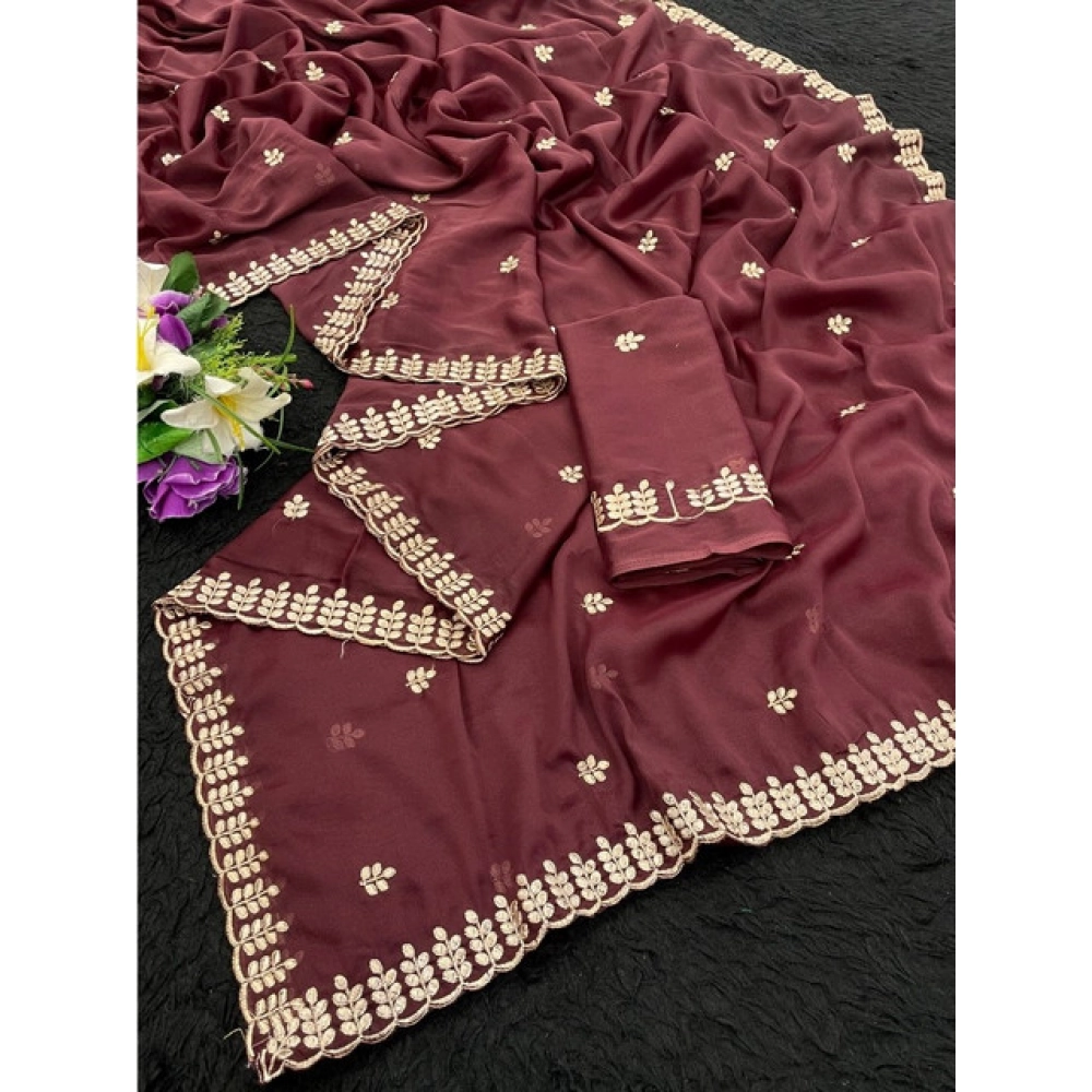 Women's Georgette Embroidered Saree With Unstitched Blouse 5.5Mtr (Maroon) Women's Georgette Embroidered Saree With Unstitched Blouse 5.5Mtr (Maroon)