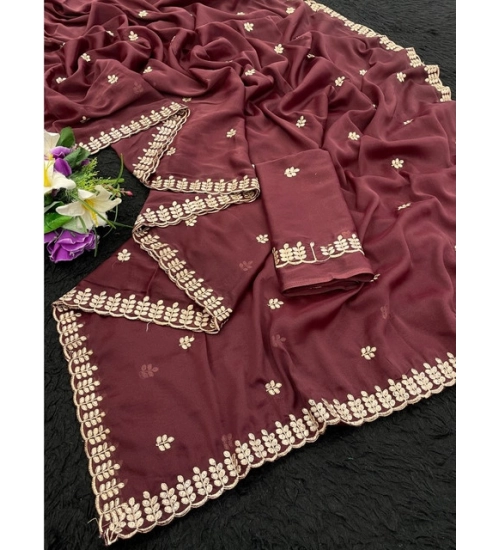 Women's Georgette Embroidered Saree With Unstitched Blouse 5.5Mtr (Maroon)