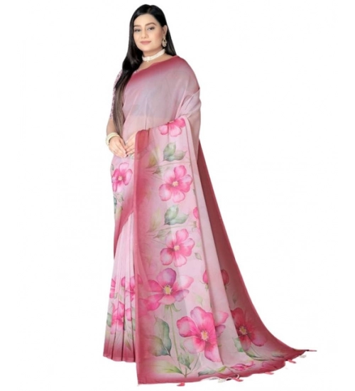 Women's Georgette Floral Printed Saree With Unstitched Blouse 5.5Mtr (Rose Pink)