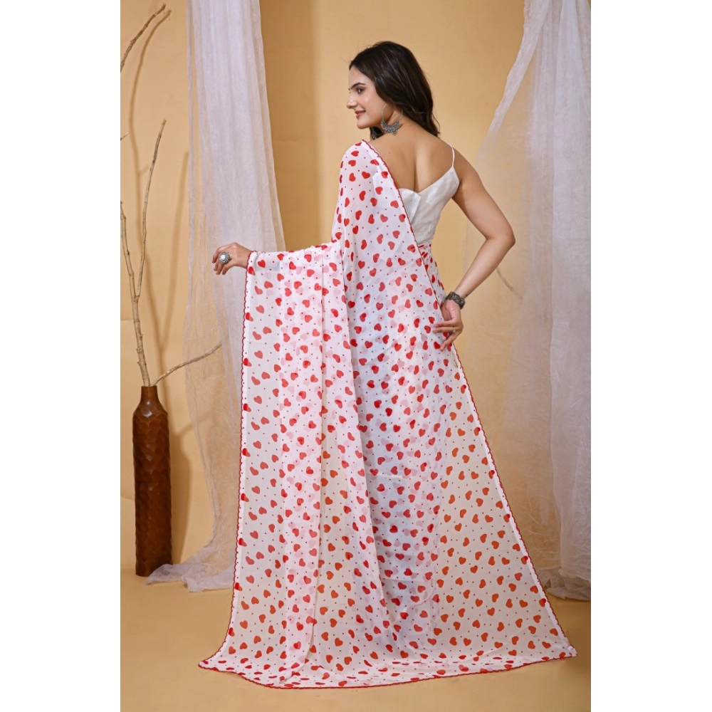 Women's Georgette Printed Saree With Unstitched Blouse 5.5Mtr (White-Red) Women's Georgette Printed Saree With Unstitched Blouse 5.5Mtr (White-Red)