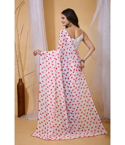 Women's Georgette Printed Saree With Unstitched Blouse 5.5Mtr (White-Red)