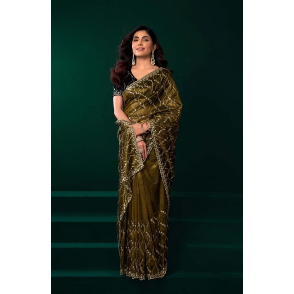 Women's Net Sequence Saree With Unstitched Blouse 5.5Mtr (Mahendi)