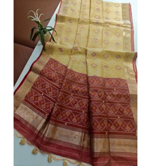 Women's Raw Silk Ikkat Saree With Unstitched Blouse 5.5Mtr (Beige)
