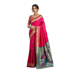 Women's Silk Blend Woven Saree With Unstitched Blouse 5.5 Mtr (Pink)