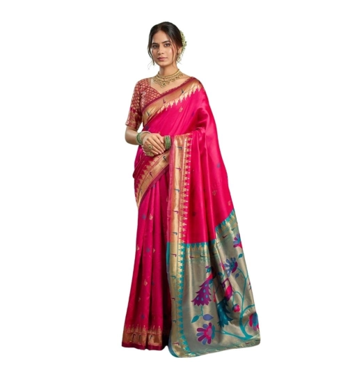 Women's Silk Blend Woven Saree With Unstitched Blouse 5.5 Mtr (Pink)
