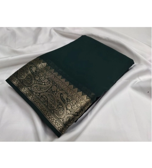 Women's Crepe Chit Pallu Solid Saree With Unstitched Blouse 5.5Mtr (Bottle Green)