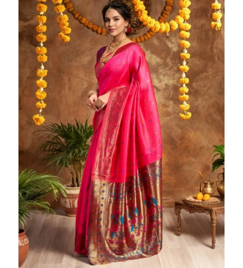 Women's Silk Blend Zari Woven Saree With Unstitched Blouse 5.5Mtr (Pink)