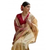 Women's Silk_Blend Ethnic Ikat Pattern Saree With Unstitched Blouse 5.5Mtr (Cream)