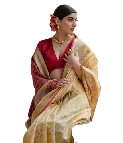 Women's Silk_Blend Ethnic Ikat Pattern Saree With Unstitched Blouse 5.5Mtr (Cream)