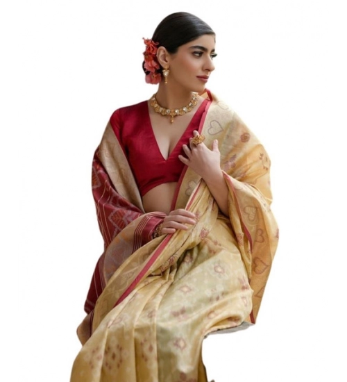 Women's Silk_Blend Ethnic Ikat Pattern Saree With Unstitched Blouse 5.5Mtr (Cream)