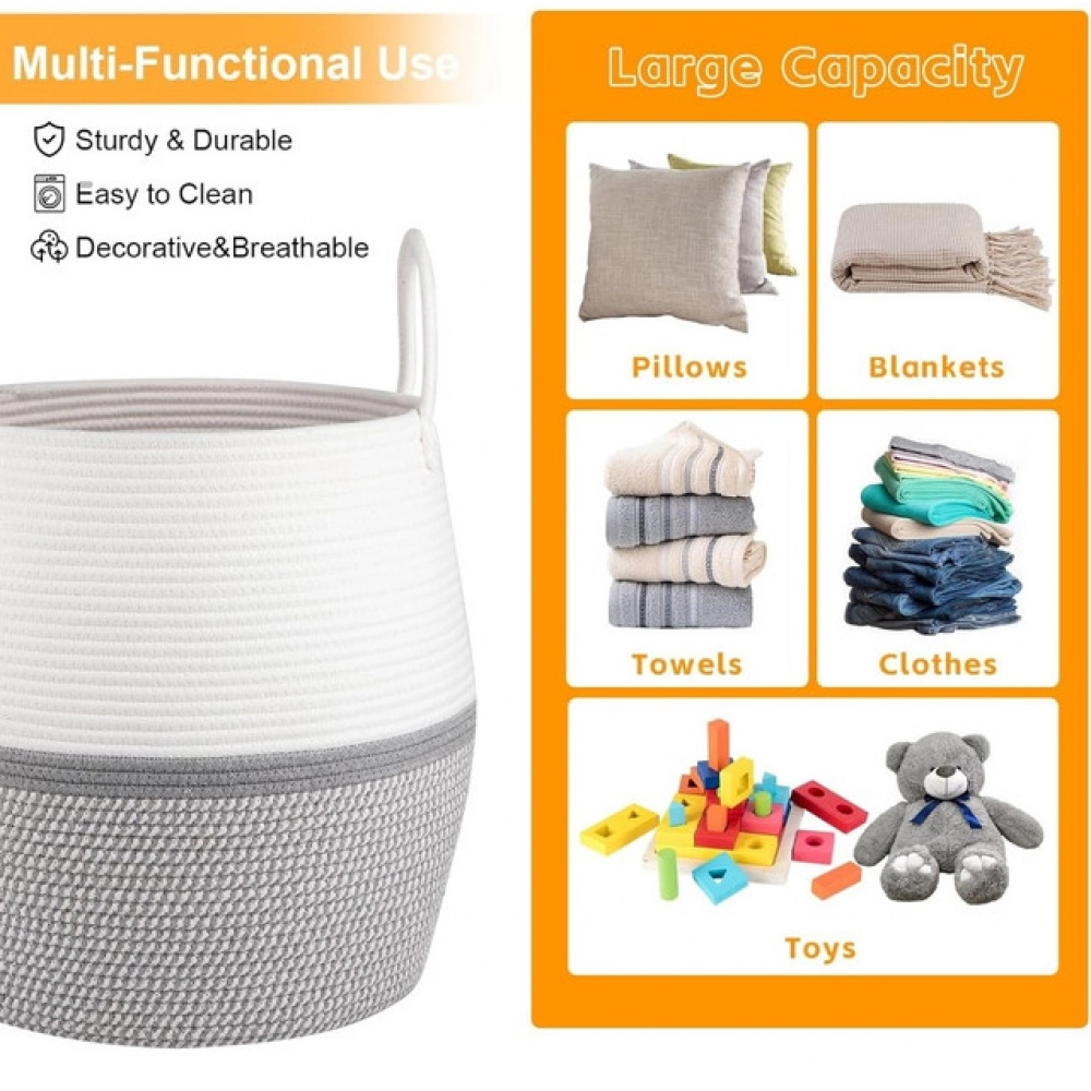 Cotton Matka With Handle 14x12 Inch Storage Basket For Clothes (Gray White)