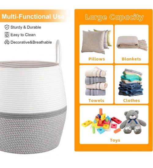Cotton Matka With Handle 14x12 Inch Storage Basket For Clothes (Gray White)