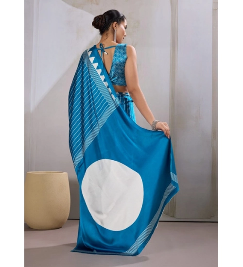Women's Satin Crepe Printed Saree With Unstitched Blouse 5.5Mtr (Rama Blue)