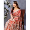 Women's Linen Cotton  Printed Saree With Unstitched Blouse 5.5Mtr (Orange )