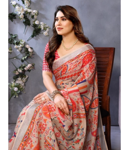 Women's Linen Cotton Printed Saree With Unstitched Blouse 5.5Mtr (Orange ) Women's Linen Cotton Printed Saree With Unstitched Blouse 5.5Mtr (Orange )