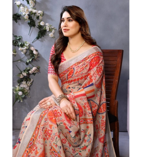 Women's Linen Cotton  Printed Saree With Unstitched Blouse 5.5Mtr (Orange )