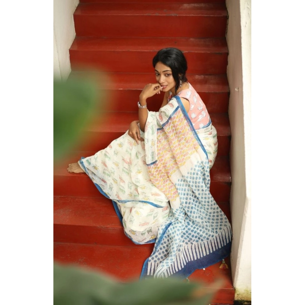 Women's Linen Printed Saree With Unstitched Blouse 5.5Mtr (White) Women's Linen Printed Saree With Unstitched Blouse 5.5Mtr (White)