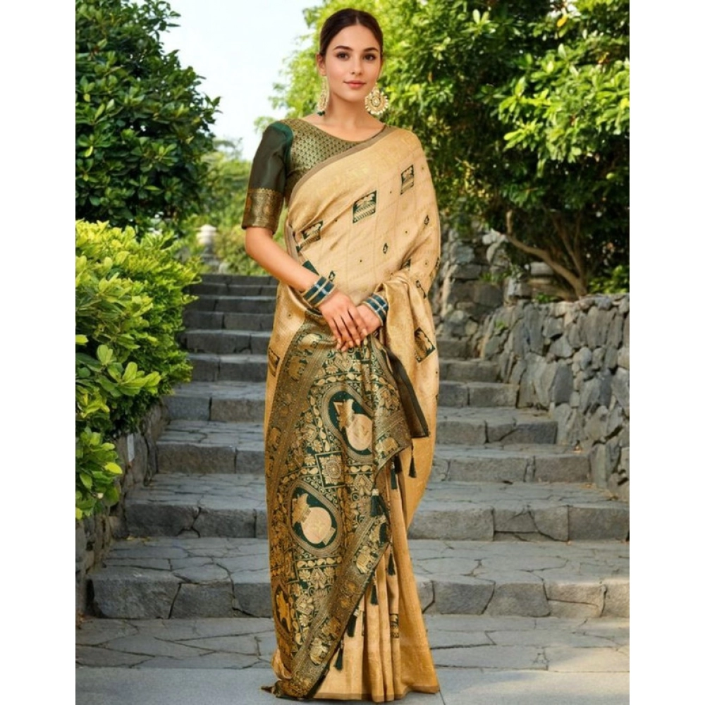 Women's Silk Blend Woven Zari Work Saree With Unstitched Blouse 5.5Mtr (Cream) Women's Silk Blend Woven Zari Work Saree With Unstitched Blouse 5.5Mtr (Cream)