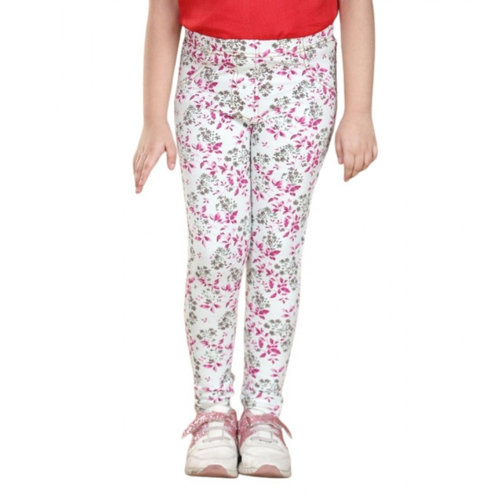 Girl's Cotton Lycra Floral Elasticated Jeggings (White-Pink) Girl's Cotton Lycra Floral Elasticated Jeggings (White-Pink)