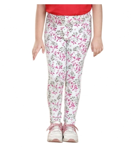Girl's Cotton Lycra Floral Elasticated Jeggings (White-Pink) Girl's Cotton Lycra Floral Elasticated Jeggings (White-Pink)