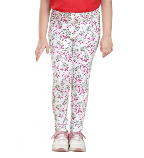 Girl's Cotton Lycra Floral Elasticated Jeggings (White-Pink) Girl's Cotton Lycra Floral Elasticated Jeggings (White-Pink)