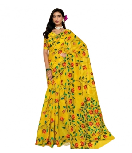 Women's Georgette Printed Saree With Unstitched Blouse 5.5Mtr (Yellow)