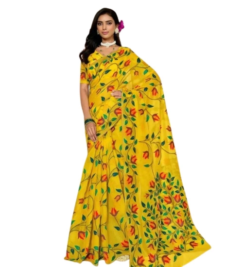 Women's Georgette Printed Saree With Unstitched Blouse 5.5Mtr (Yellow)