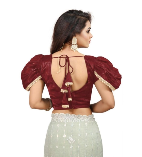 Women's Jimmy Solid V Neck Puff Sleeve Readymade Blouse (Maroon 38 , Alterable up to 42)-PID65840