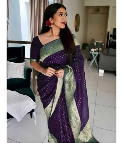 Women's Litchi silk Printed Saree With Unstitched Blouse (Purple)