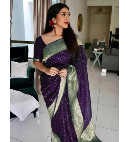 Women's Litchi silk Printed Saree With Unstitched Blouse (Purple)